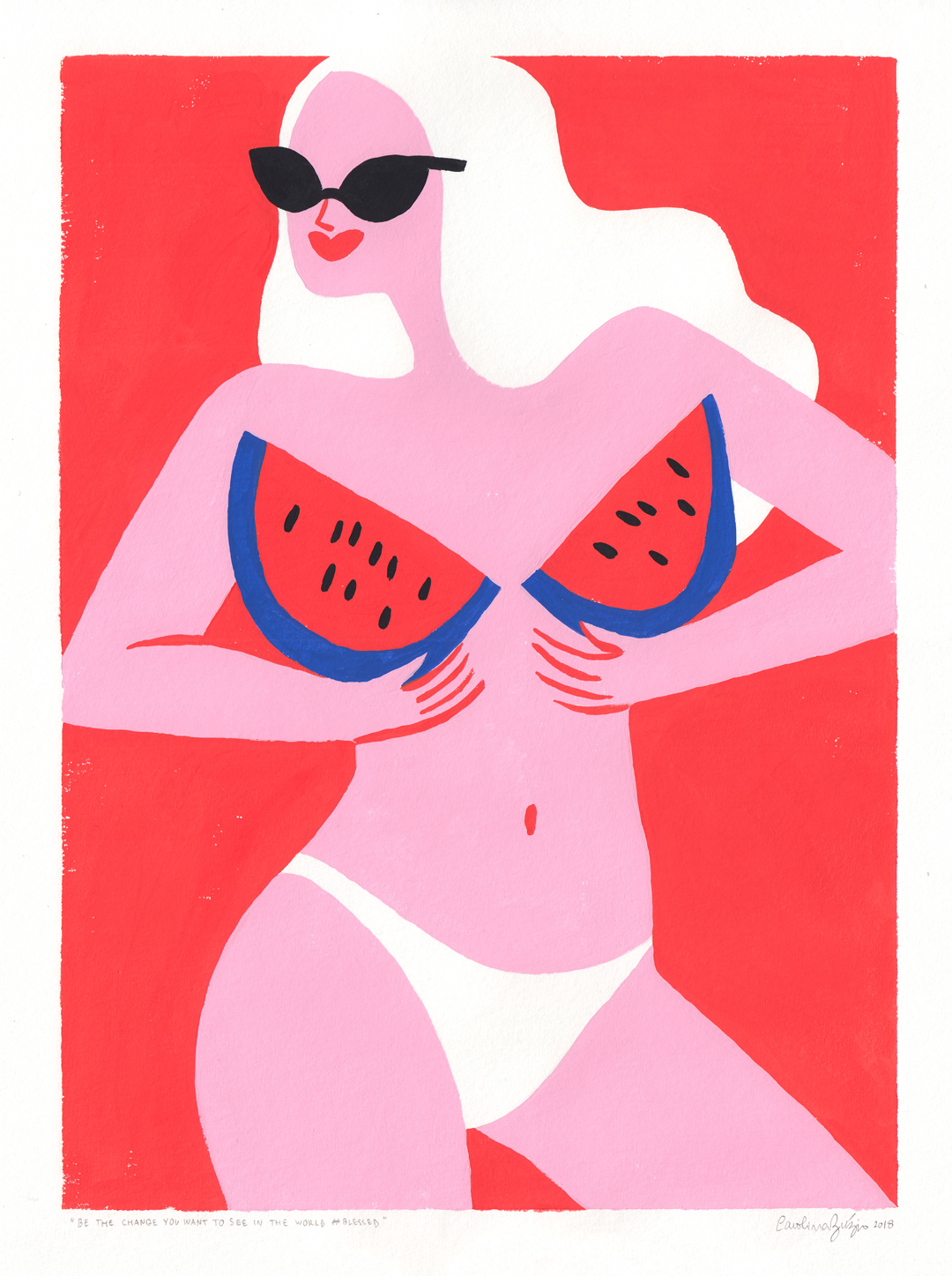 Frau mit Melonen vor ihren Brüsten