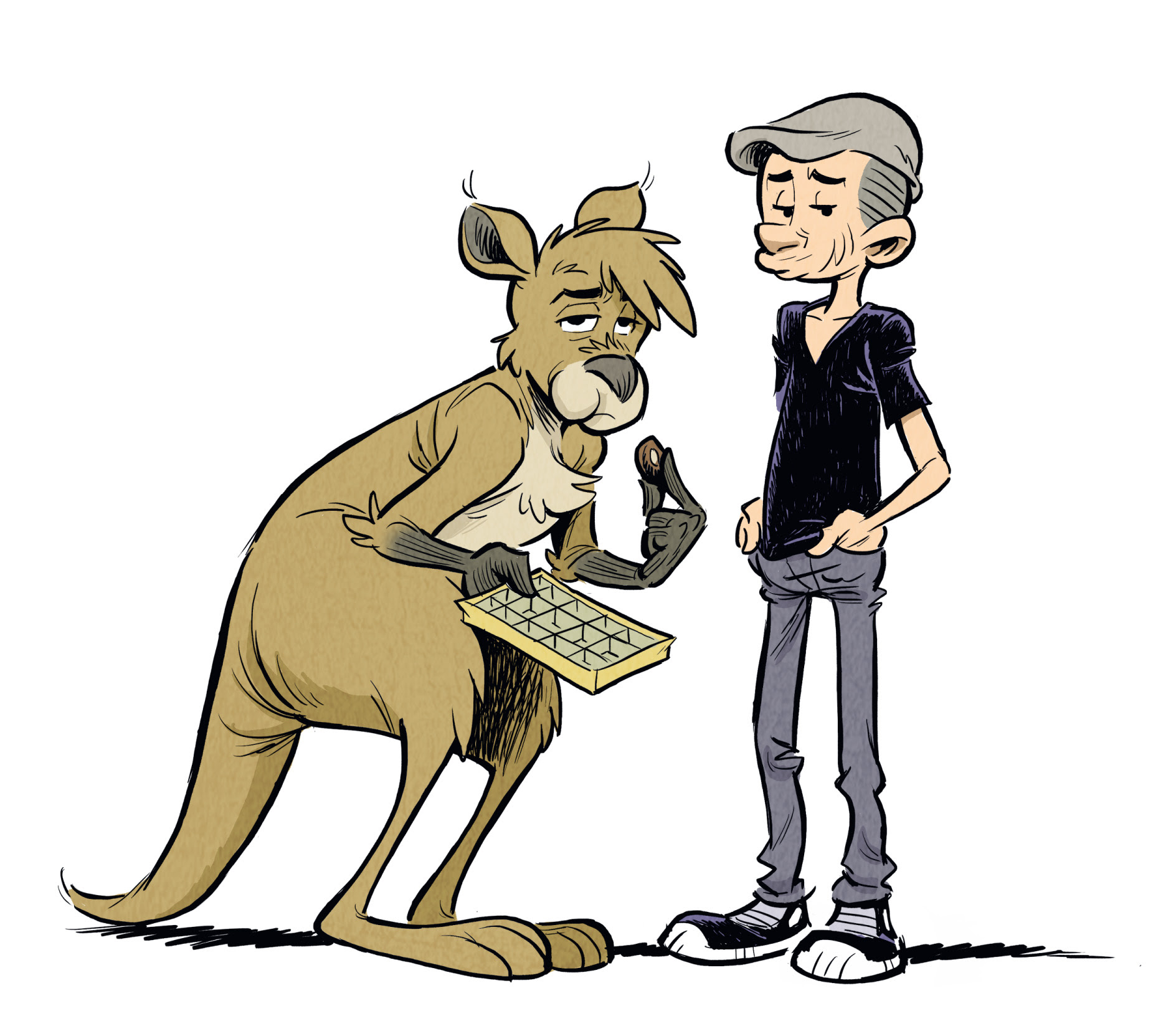 Die Känguru-Comics von Bernd Kissel und Marc-Uwe Kling: Känguru und Marc-Uwe mit leerer Pralkinenschachtel