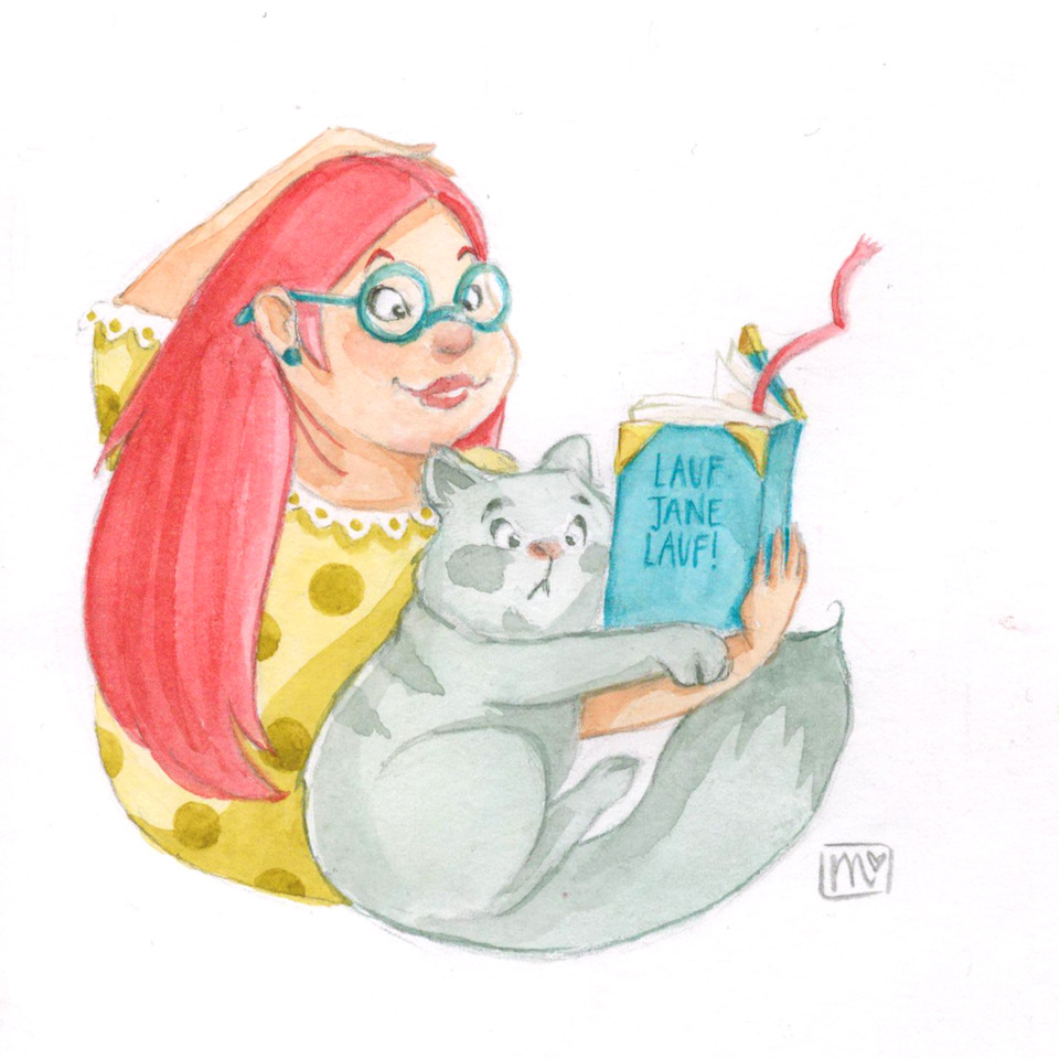 Frau mit Katze liest Buch: Lauf, Jane, lauf 