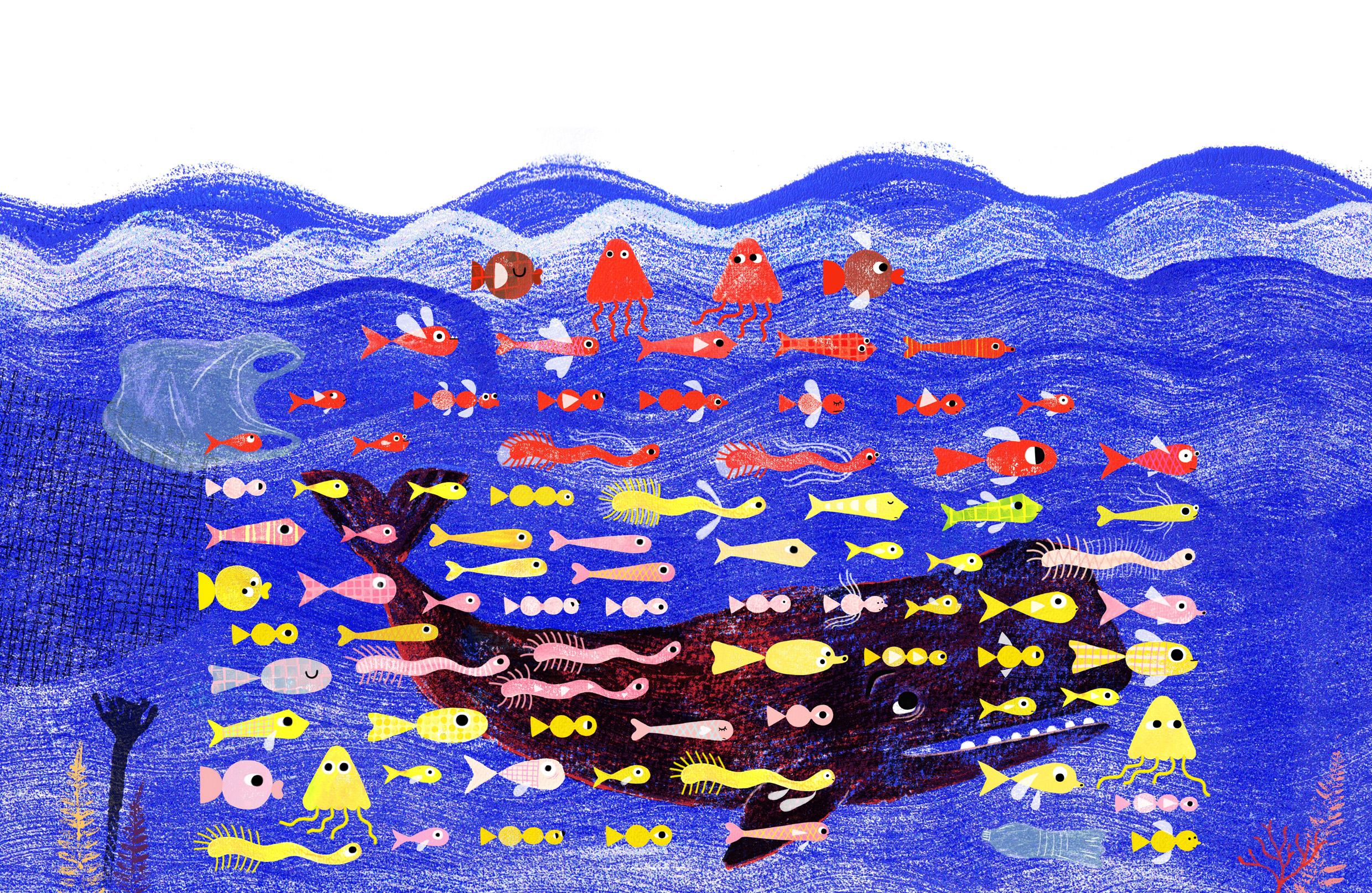 Ein Wal schwimmt mit Fischen